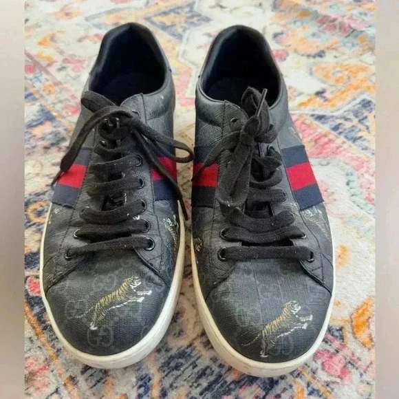 GUCCI Ace Web GG Supreme Monogram Tiger Canvas Gray Leather 9.5 US Or 43 EUR - Picture 1 of 7